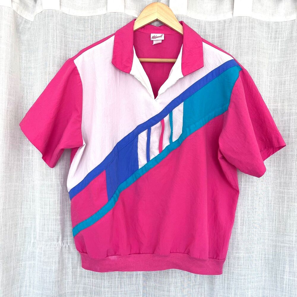Vintage 80s/90s Haband Windbreaker Hot Pink Polo Shirt